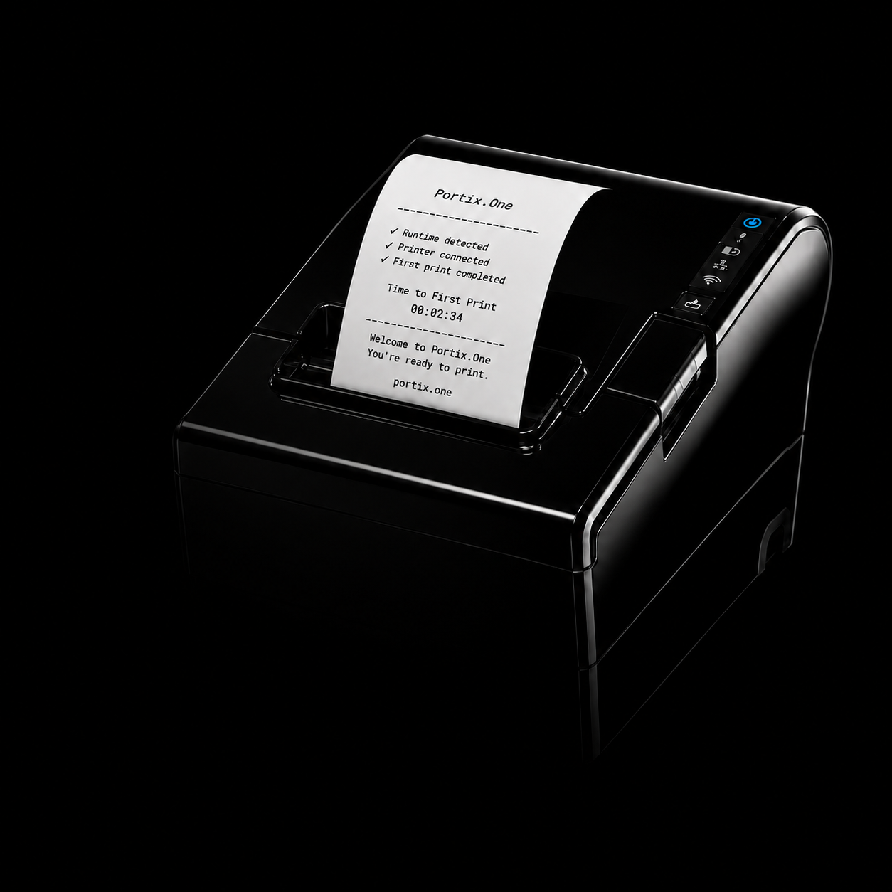 Thermal receipt printer printing a Portix.One ticket: web app connected, runtime detected, printer ready, receipt printed